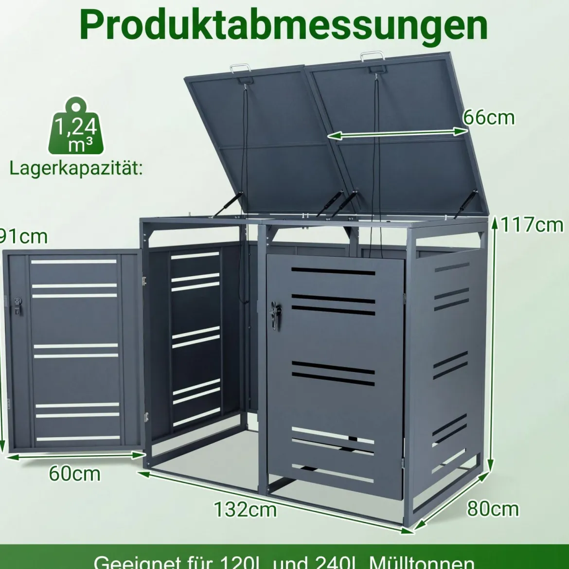 Mülltonnenbox für 2 x 120 L Mülltonne Wetterfester Gartenschuppen mit Abschließbarer Tür