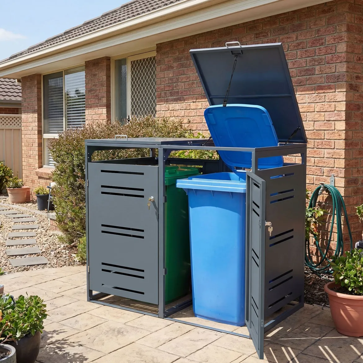 Mülltonnenbox für 2 x 120 L Mülltonne Wetterfester Gartenschuppen mit Abschließbarer Tür