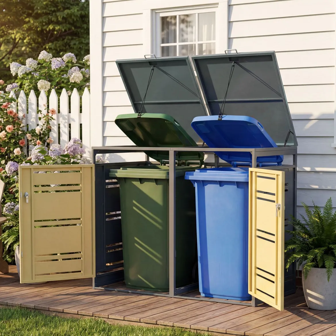 Mülltonnenbox für 2 x 120 L Mülltonne Wetterfester Gartenschuppen mit Abschließbarer Tür Grau und Gelb