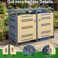 Mülltonnenbox für 2 x 120 L Mülltonne Wetterfester Gartenschuppen mit Abschließbarer Tür Grau und Gelb