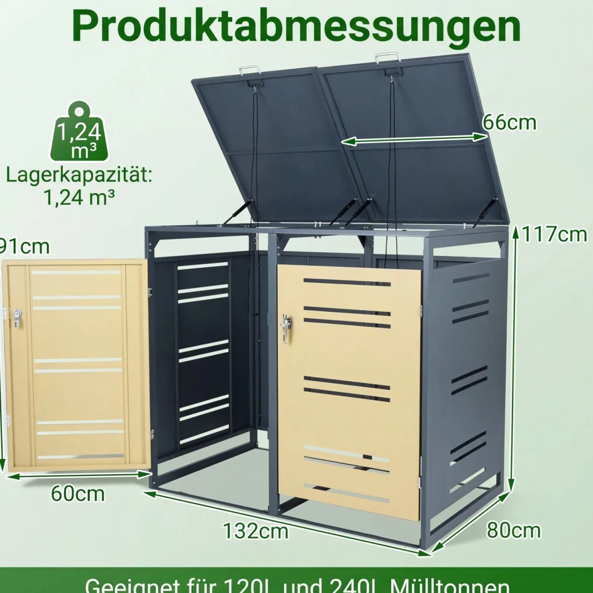 Mülltonnenbox für 2 x 120 L Mülltonne Wetterfester Gartenschuppen mit Abschließbarer Tür Grau und Gelb