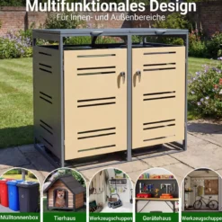 Mülltonnenbox für 2 x 120 L Mülltonne Wetterfester Gartenschuppen mit Abschließbarer Tür Grau und Gelb