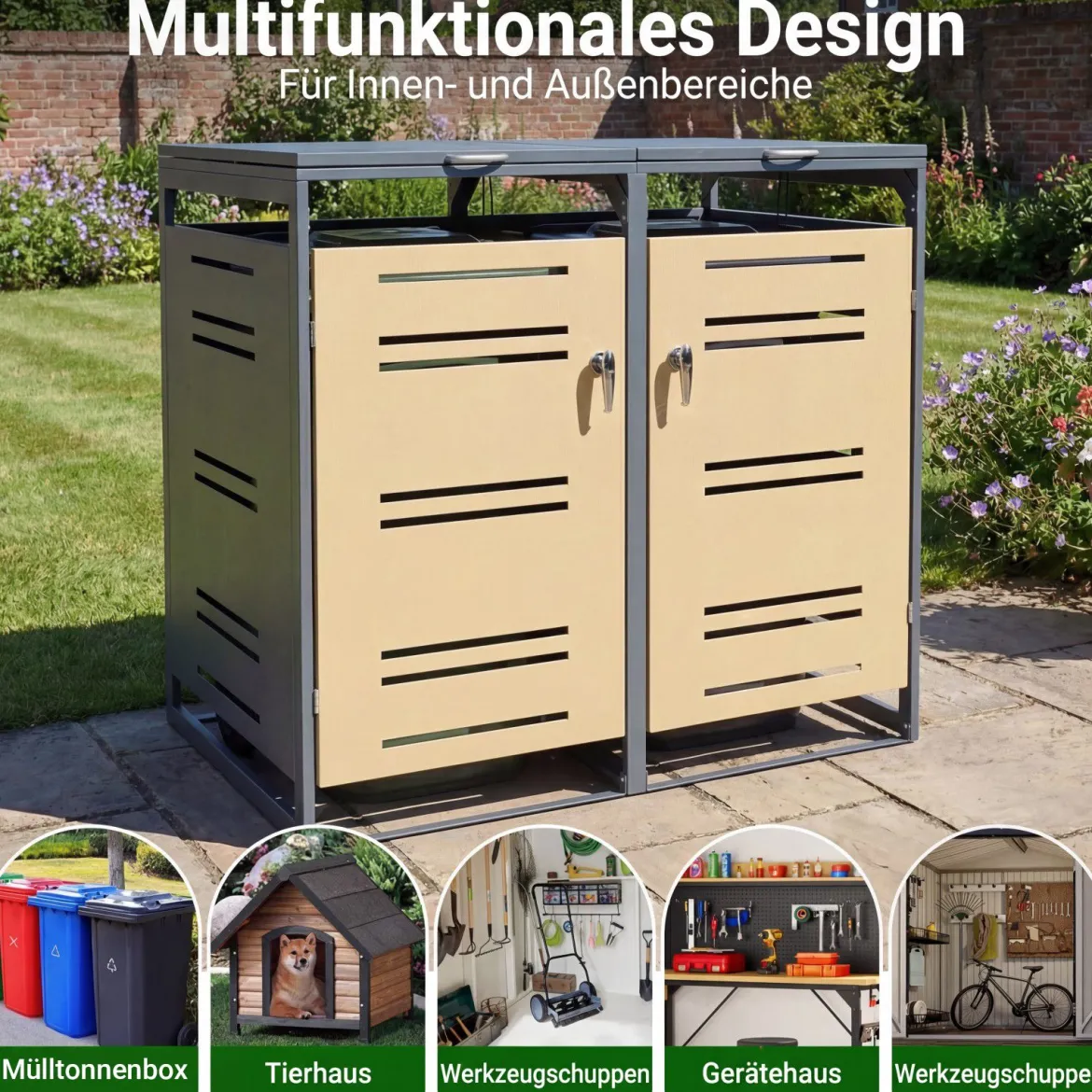 Mülltonnenbox für 2 x 120 L Mülltonne Wetterfester Gartenschuppen mit Abschließbarer Tür Grau und Gelb