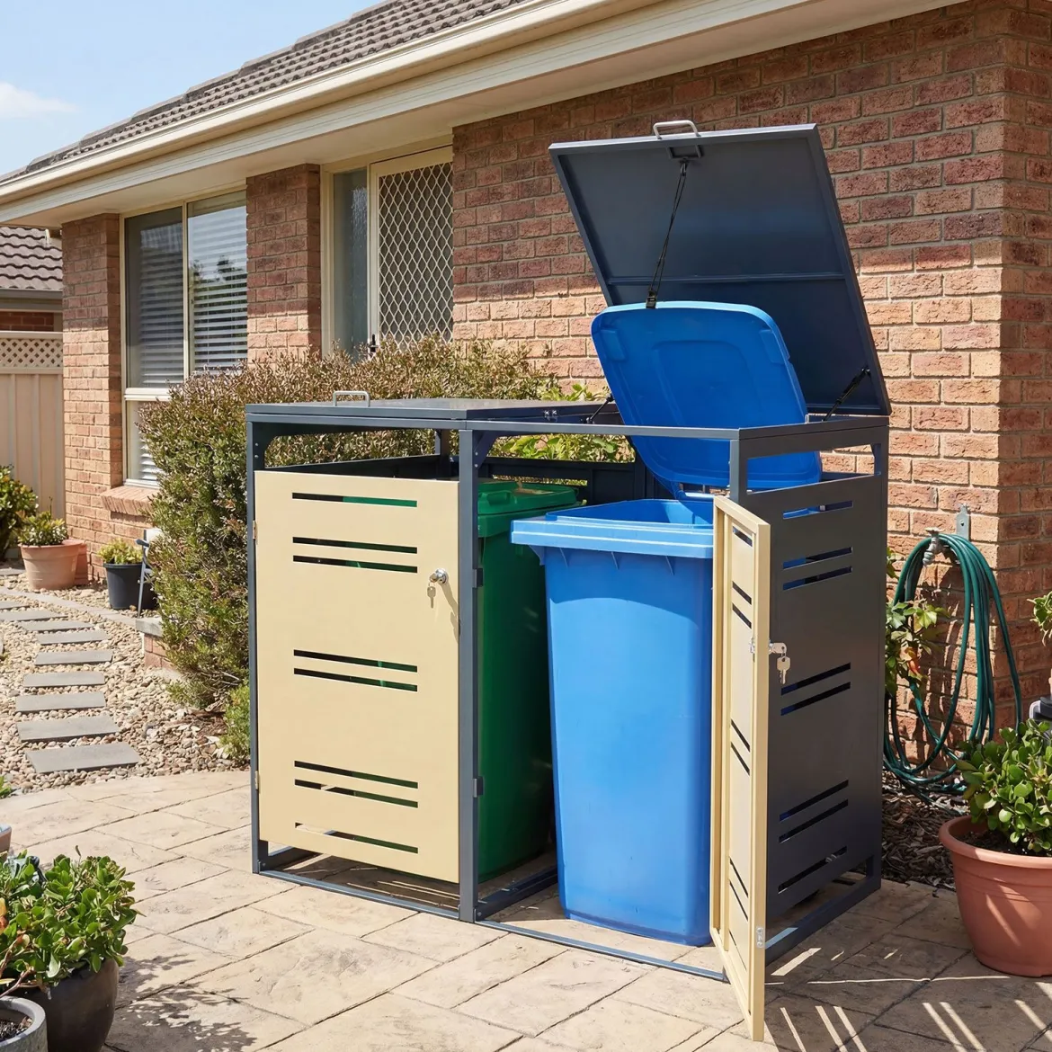 Mülltonnenbox für 2 x 120 L Mülltonne Wetterfester Gartenschuppen mit Abschließbarer Tür Grau und Gelb