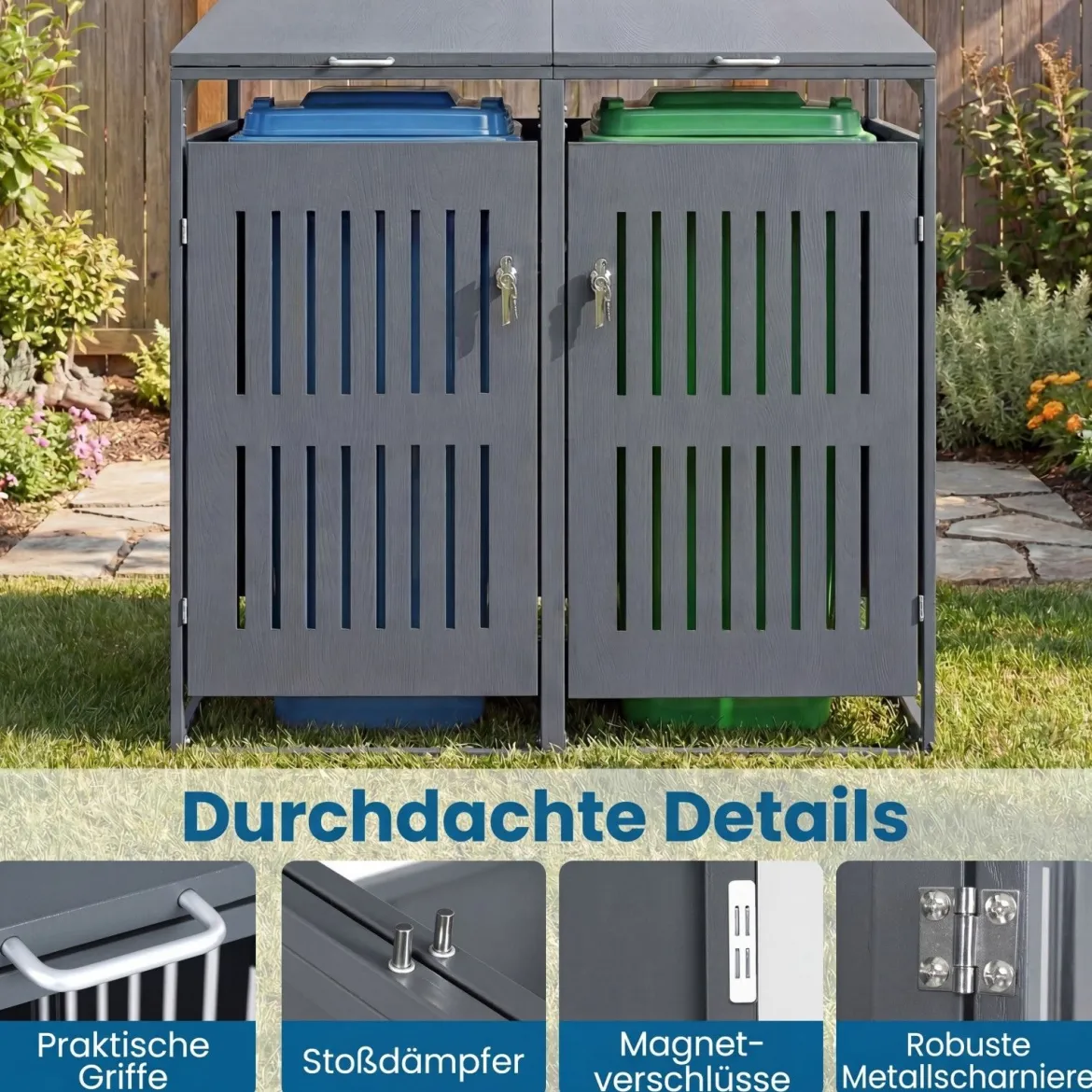 Mülltonnenbox Mülltonnenverkleidung für 2 Behälter Mülltonnenschrank aus Metall