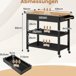Mobile Kücheninsel mit Arbeitsplatte & Schublade Küchenwagen 3-stöckiger Küchenrollwagen Schwarz