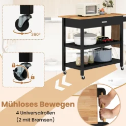 Mobile Kücheninsel mit Arbeitsplatte & Schublade Küchenwagen 3-stöckiger Küchenrollwagen Schwarz