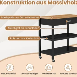 Mobile Kücheninsel mit Arbeitsplatte & Schublade Küchenwagen 3-stöckiger Küchenrollwagen Schwarz