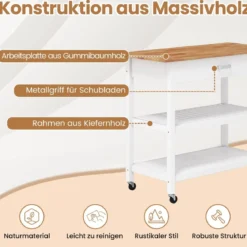Mobile Kücheninsel mit Arbeitsplatte & Schublade Küchenwagen 3-stöckiger Küchenrollwagen Weiß