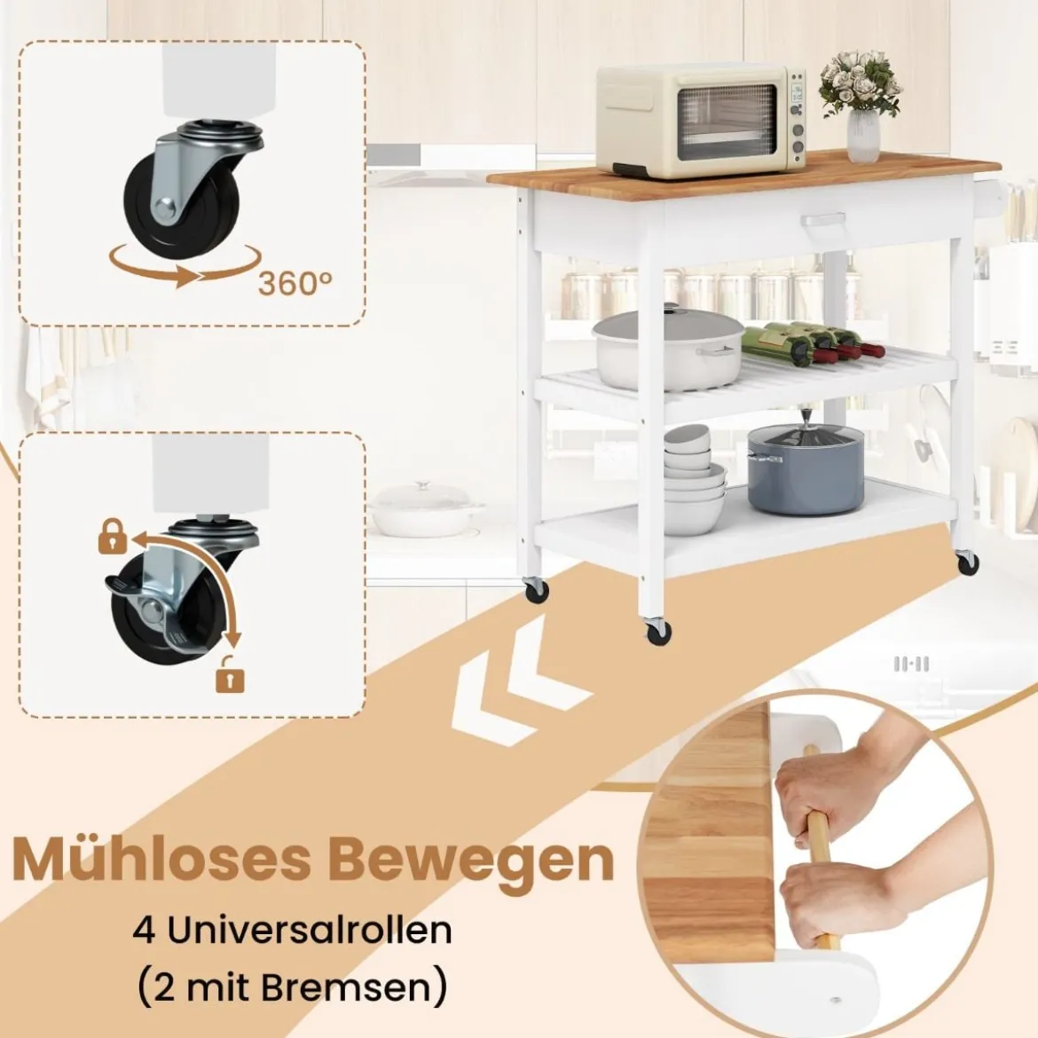 Mobile Kücheninsel mit Arbeitsplatte & Schublade Küchenwagen 3-stöckiger Küchenrollwagen Weiß
