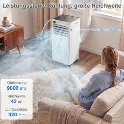 Mobile Klimaanlage 4-in-1 Tragbarer Luftkühler mit Luftentfeuchter Ventilator Schlafmodus 9000BTU