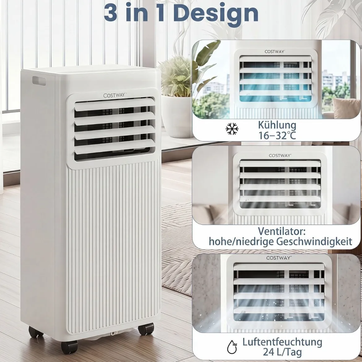 Mobile Klimaanlage mit Abluftschlauch 9000 BTU 3 in 1 Klimagerät für Raumgröße bis 42 ㎡