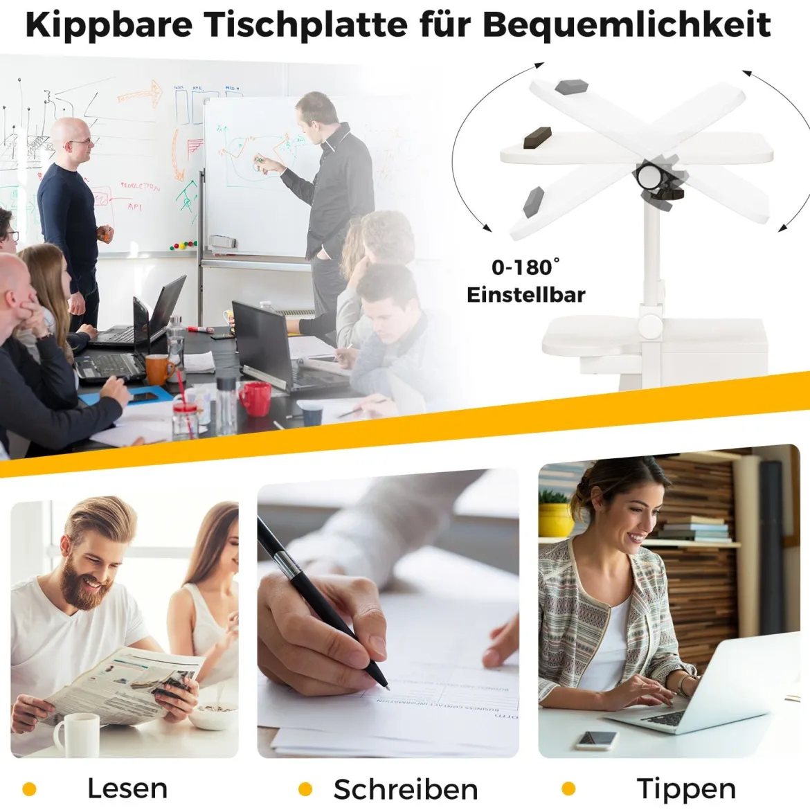 Mobiler Computertisch zum Stehen oder Sitzen mit Neigbarer Tischplatte & Schrank für das Heimbüro Weiß