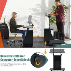 Mobiler Computertisch zum Stehen oder Sitzen mit neigbarer Tischplatte & Schrank für das Heimbüro Schwarz