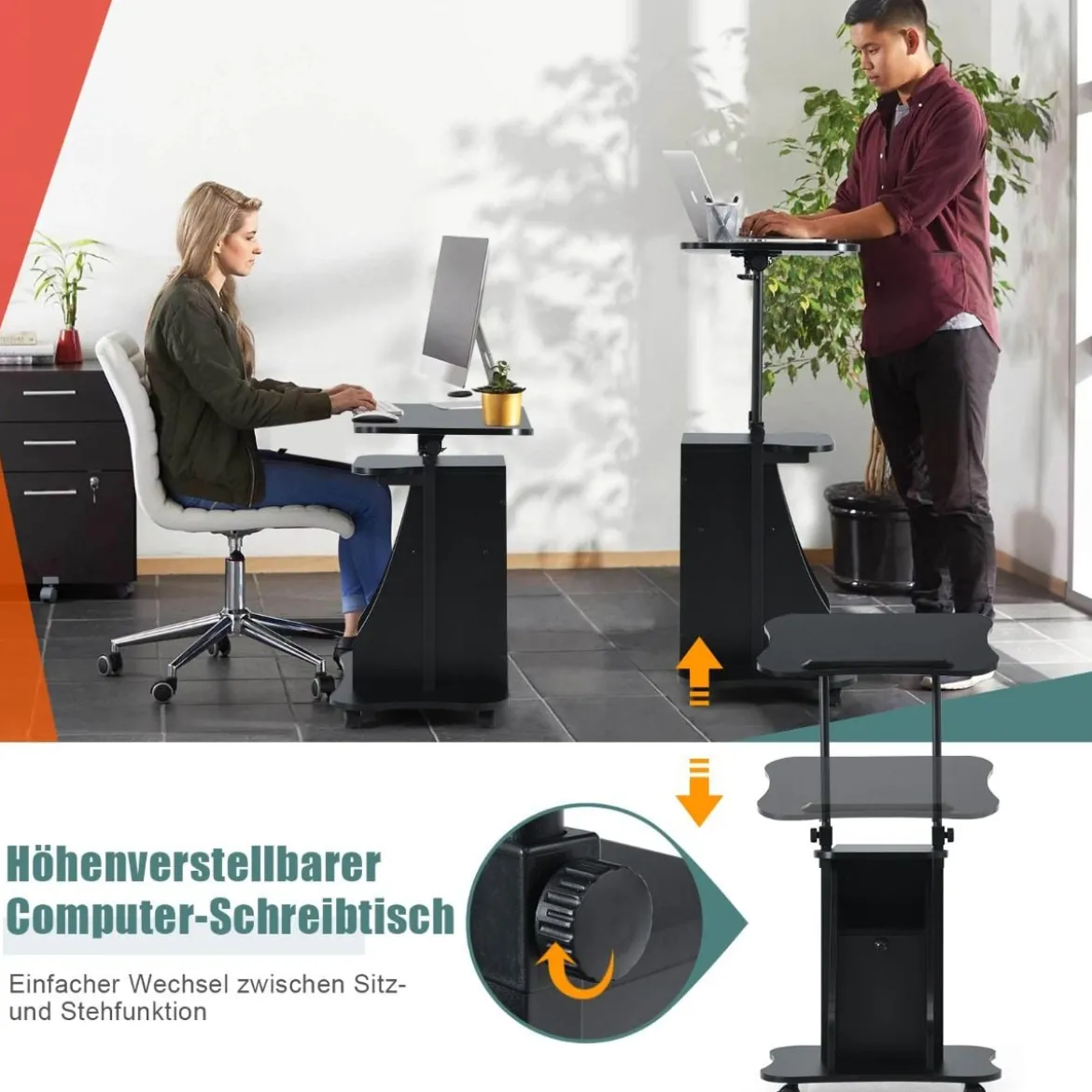 Mobiler Computertisch zum Stehen oder Sitzen mit neigbarer Tischplatte & Schrank für das Heimbüro Schwarz