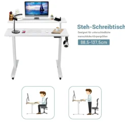 Mobiler höhenverstellbarer Schreibtisch ergonomischer Steh-Schreibtisch 120 x 68 x 88,5-137,5 cm Weiß