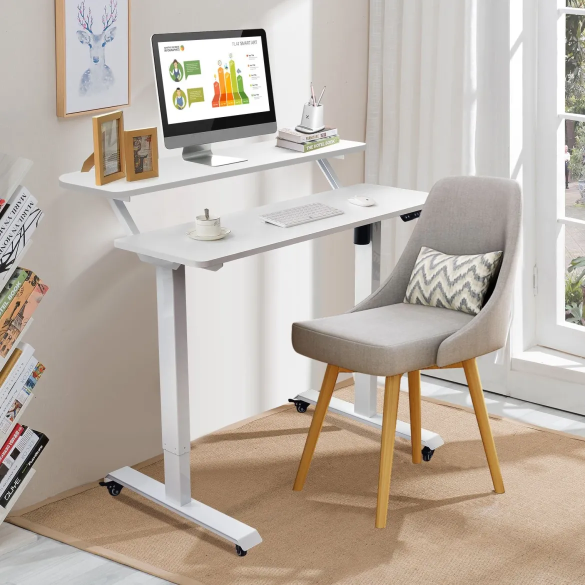 Mobiler höhenverstellbarer Schreibtisch ergonomischer Steh-Schreibtisch 120 x 68 x 88,5-137,5 cm Weiß
