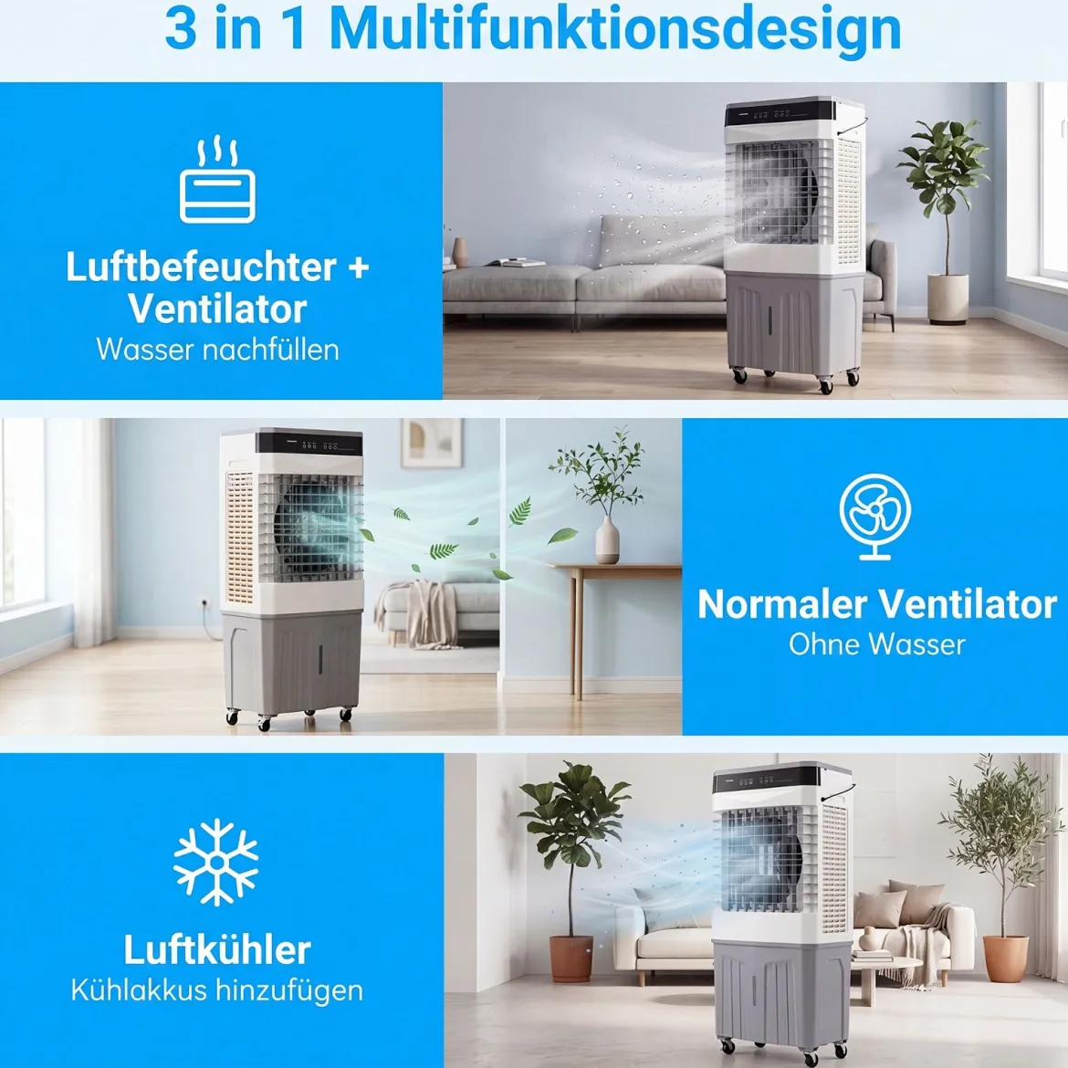 Mobiler Kühlventilator mit Fernbedienung 3 in 1 Luftkühler mit 27L Wassertank 49 x 31 x 109 cm