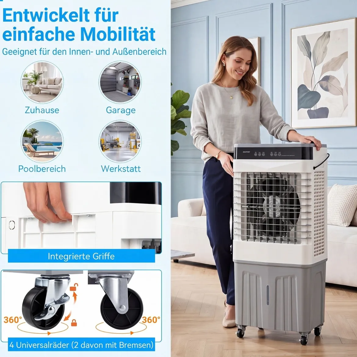 Mobiler Kühlventilator mit Fernbedienung 3 in 1 Luftkühler mit 27L Wassertank 49 x 31 x 109 cm