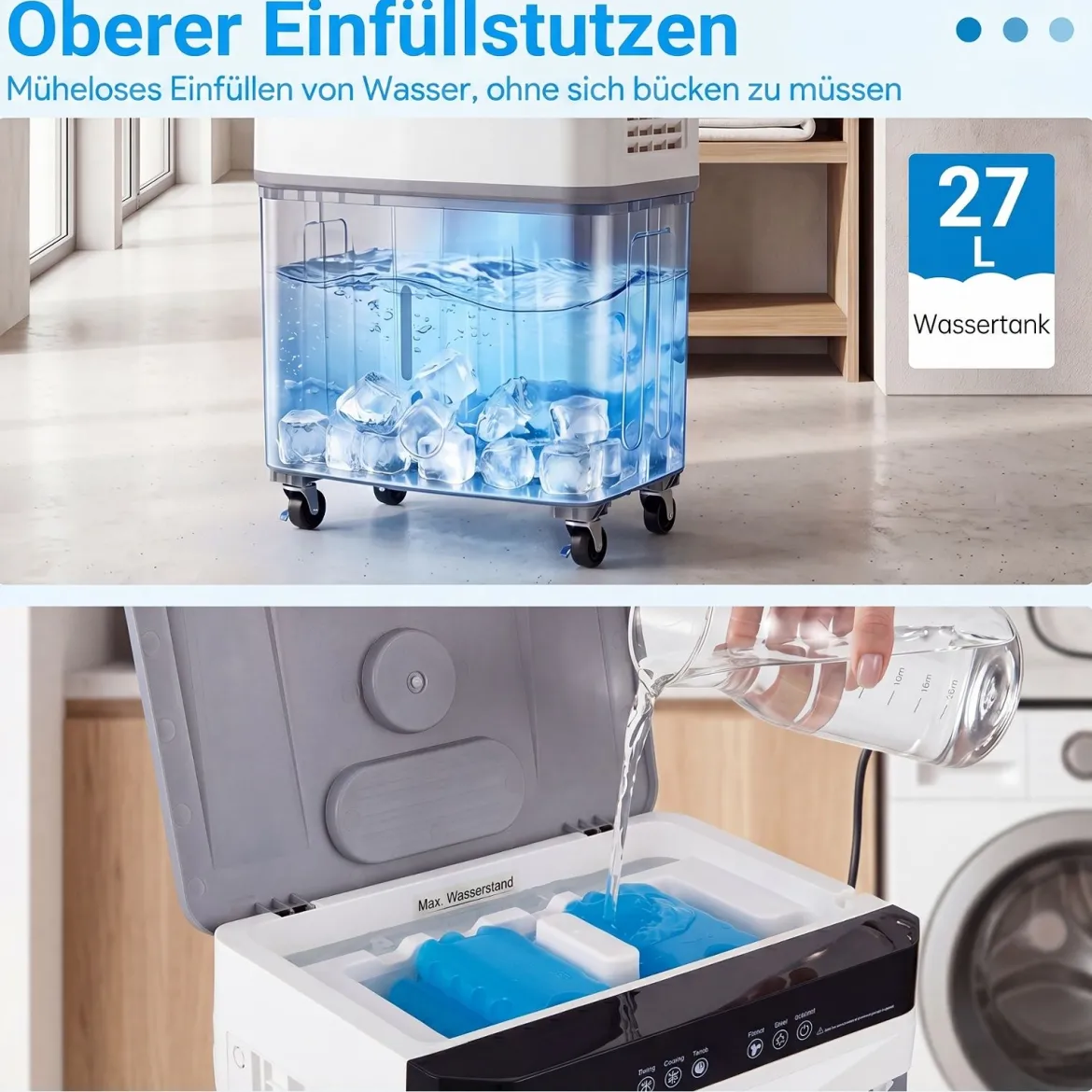 Mobiler Kühlventilator mit Fernbedienung 3 in 1 Luftkühler mit 27L Wassertank 49 x 31 x 109 cm
