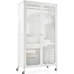 Mobiler Kleiderschrank mit Hängestange & Verstellbarem Regal & Durchsichtigen Schranktüren Weiß