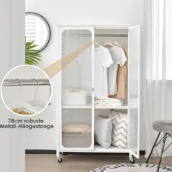 Mobiler Kleiderschrank mit Hängestange & Verstellbarem Regal & Durchsichtigen Schranktüren Weiß