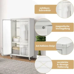 Mobiler Kleiderschrank mit Hängestange & Verstellbarem Regal & Durchsichtigen Schranktüren Weiß