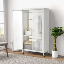 Mobiler Kleiderschrank mit Hängestange & Verstellbarem Regal & Durchsichtigen Schranktüren Weiß