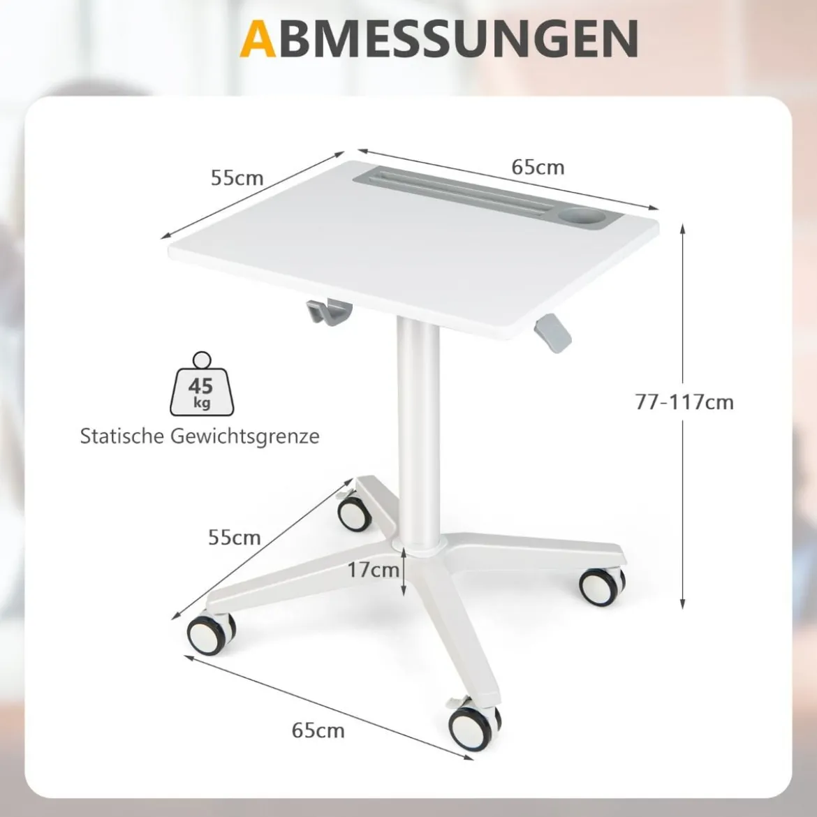 Mobiler Laptoptisch 77-117 cm Höhenverstellbarer Stehschreibtisch mit Tablet-Halter