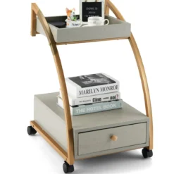 Mobiler Rollender Beistelltisch mit Ablage und Schublade für Wohnzimmer / Schlafzimmer Grau & Golden