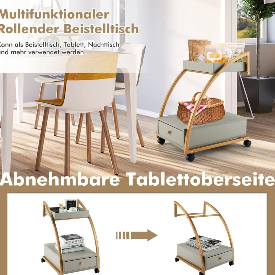 Mobiler Rollender Beistelltisch mit Ablage und Schublade für Wohnzimmer / Schlafzimmer Grau & Golden