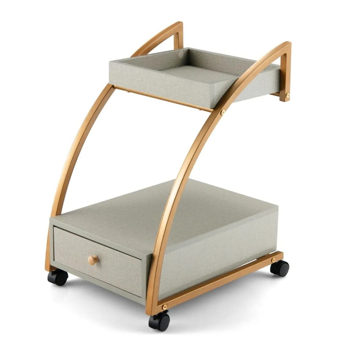 Mobiler Rollender Beistelltisch mit Ablage und Schublade für Wohnzimmer / Schlafzimmer Grau & Golden