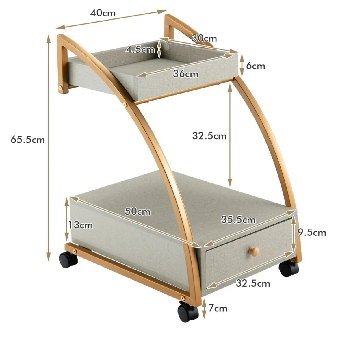 Mobiler Rollender Beistelltisch mit Ablage und Schublade für Wohnzimmer / Schlafzimmer Grau & Golden