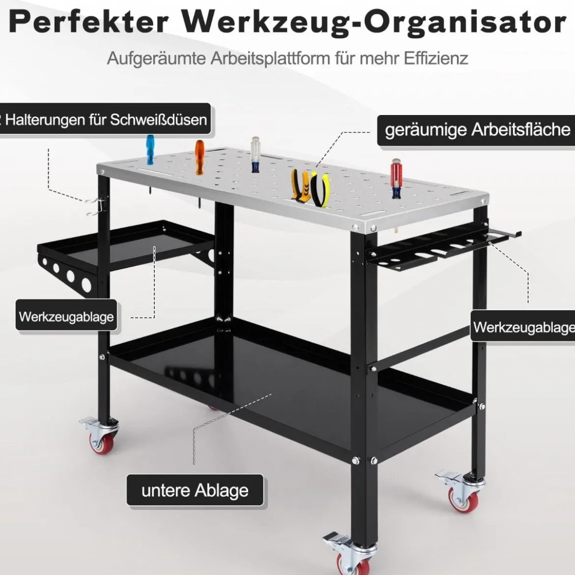 Mobiler Schweißtisch mit φ 1,6cm Löchern & Werkzeugständer & 8 Werkzeugschlitzen