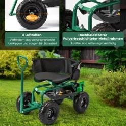 Mobiler Sitz für die Gartenarbeit Gartenwagen lenkbarer Werkzeugwagen mit Tablett Aufbewahrungskorb Grün