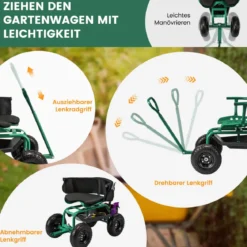 Mobiler Sitz für die Gartenarbeit Gartenwagen lenkbarer Werkzeugwagen mit Tablett Aufbewahrungskorb Grün