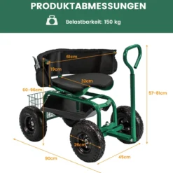 Mobiler Sitz für die Gartenarbeit Gartenwagen lenkbarer Werkzeugwagen mit Tablett Aufbewahrungskorb Grün