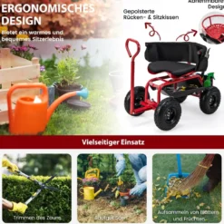 Mobiler Sitz für die Gartenarbeit Gartenwagen lenkbarer Werkzeugwagen mit Tablett Aufbewahrungskorb