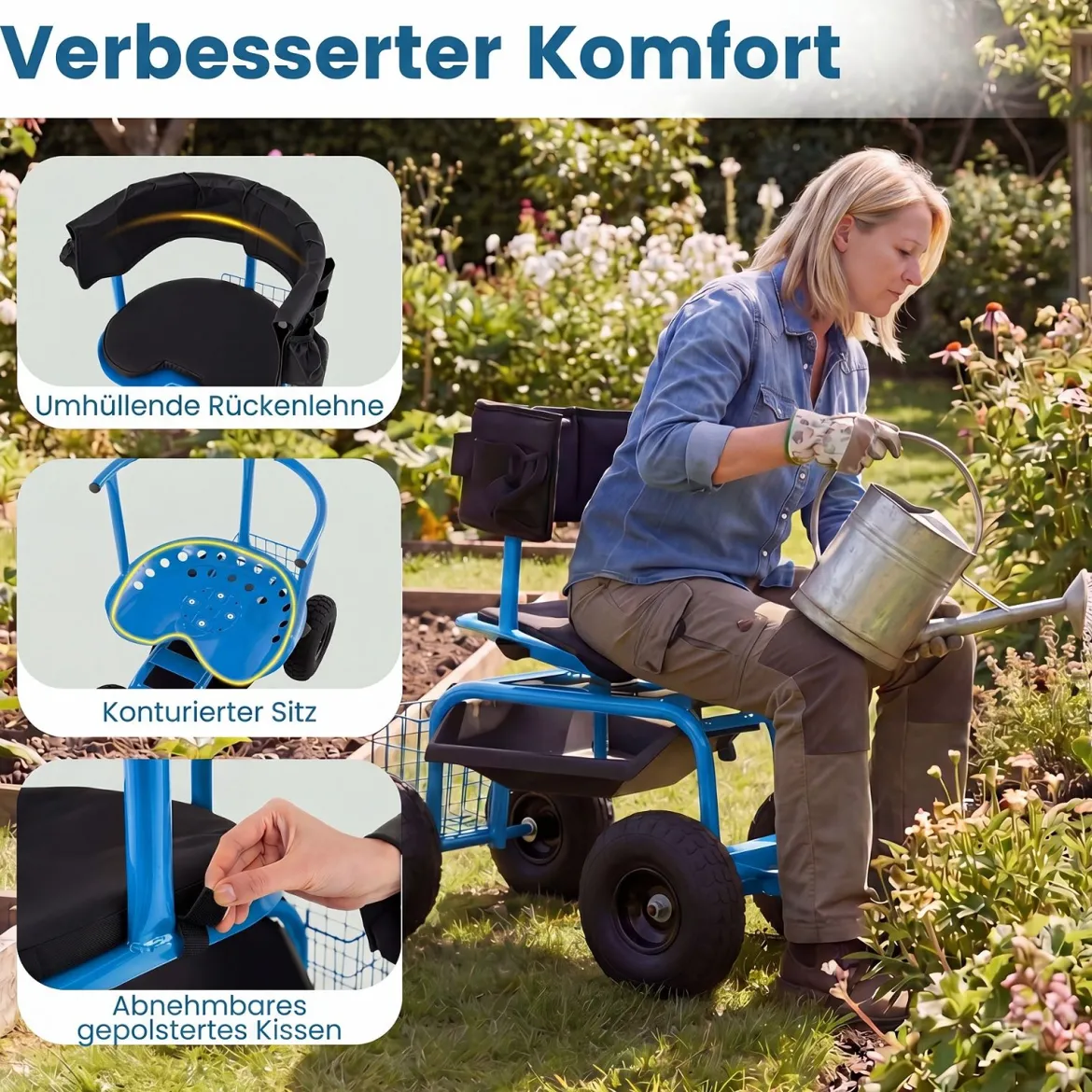 Mobiler Sitz für die Gartenarbeit Gartenwagen Lenkbarer Werkzeugwagen mit Aufbewahrungskorb Blau