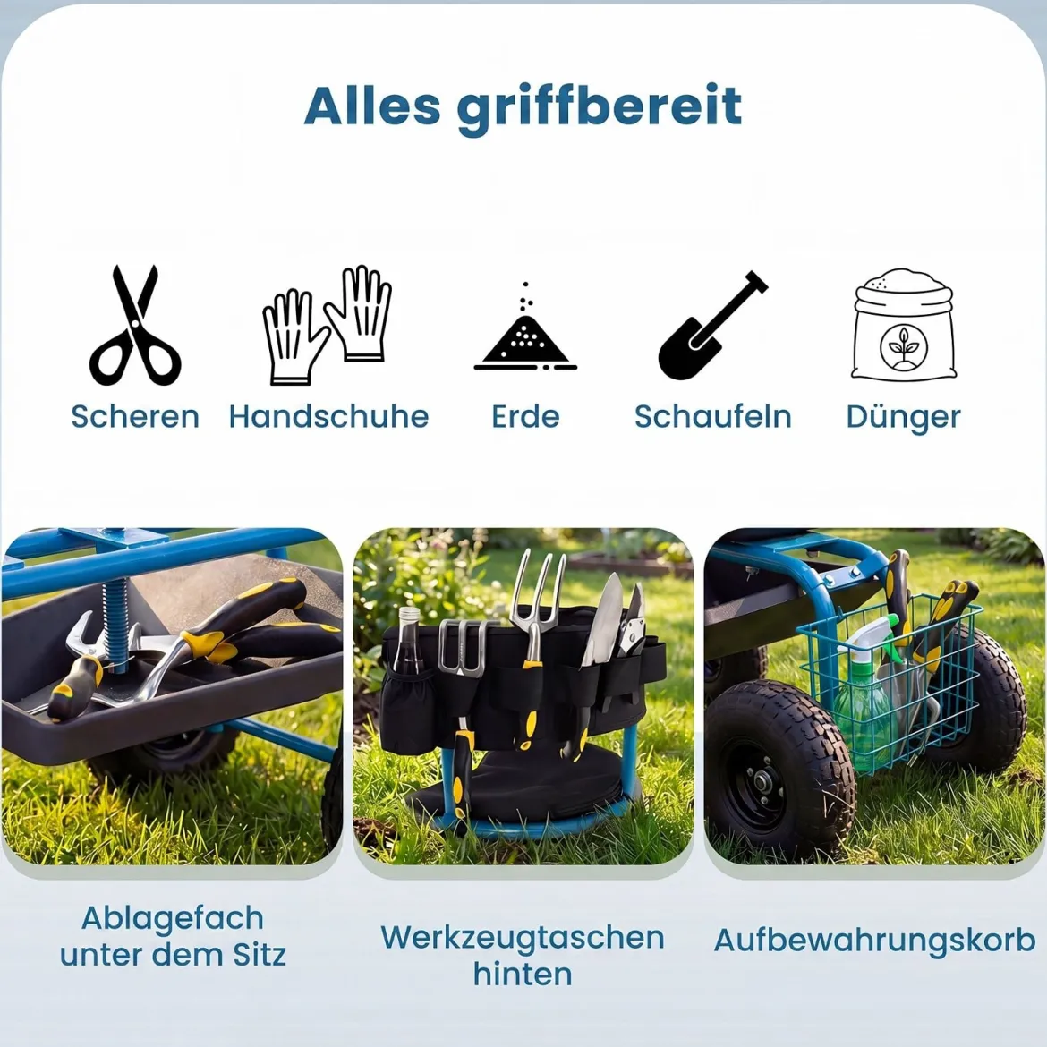 Mobiler Sitz für die Gartenarbeit Gartenwagen Lenkbarer Werkzeugwagen mit Aufbewahrungskorb Blau