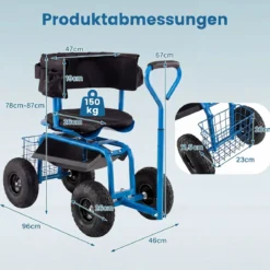 Mobiler Sitz für die Gartenarbeit Gartenwagen Lenkbarer Werkzeugwagen mit Aufbewahrungskorb Blau