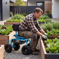 Mobiler Sitz für die Gartenarbeit Gartenwagen Lenkbarer Werkzeugwagen mit Aufbewahrungskorb Blau