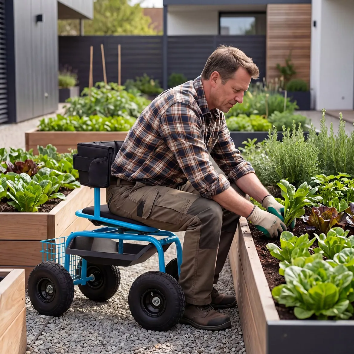 Mobiler Sitz für die Gartenarbeit Gartenwagen Lenkbarer Werkzeugwagen mit Aufbewahrungskorb Blau