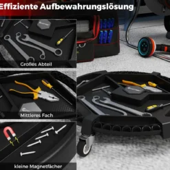 Mobiler Werkzeug-Creeper rollendes Caddy-Tablett mit 3 schwenkbaren Rollen und 4 Fächern 136kg Tragfähigkeit Schwarz