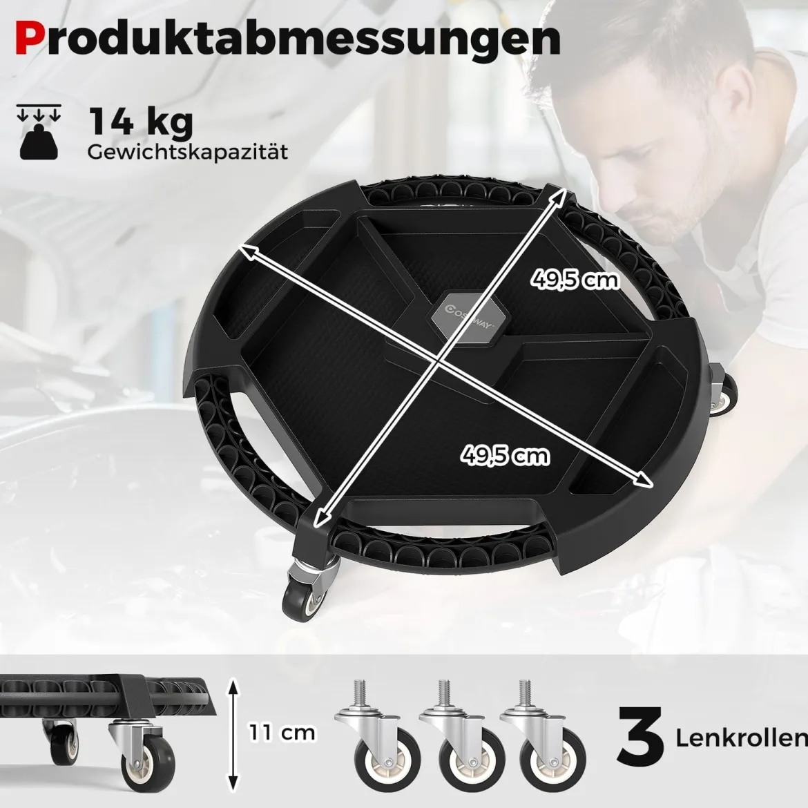 Mobiler Werkzeug-Creeper rollendes Caddy-Tablett mit 3 schwenkbaren Rollen und 4 Fächern 136kg Tragfähigkeit Schwarz