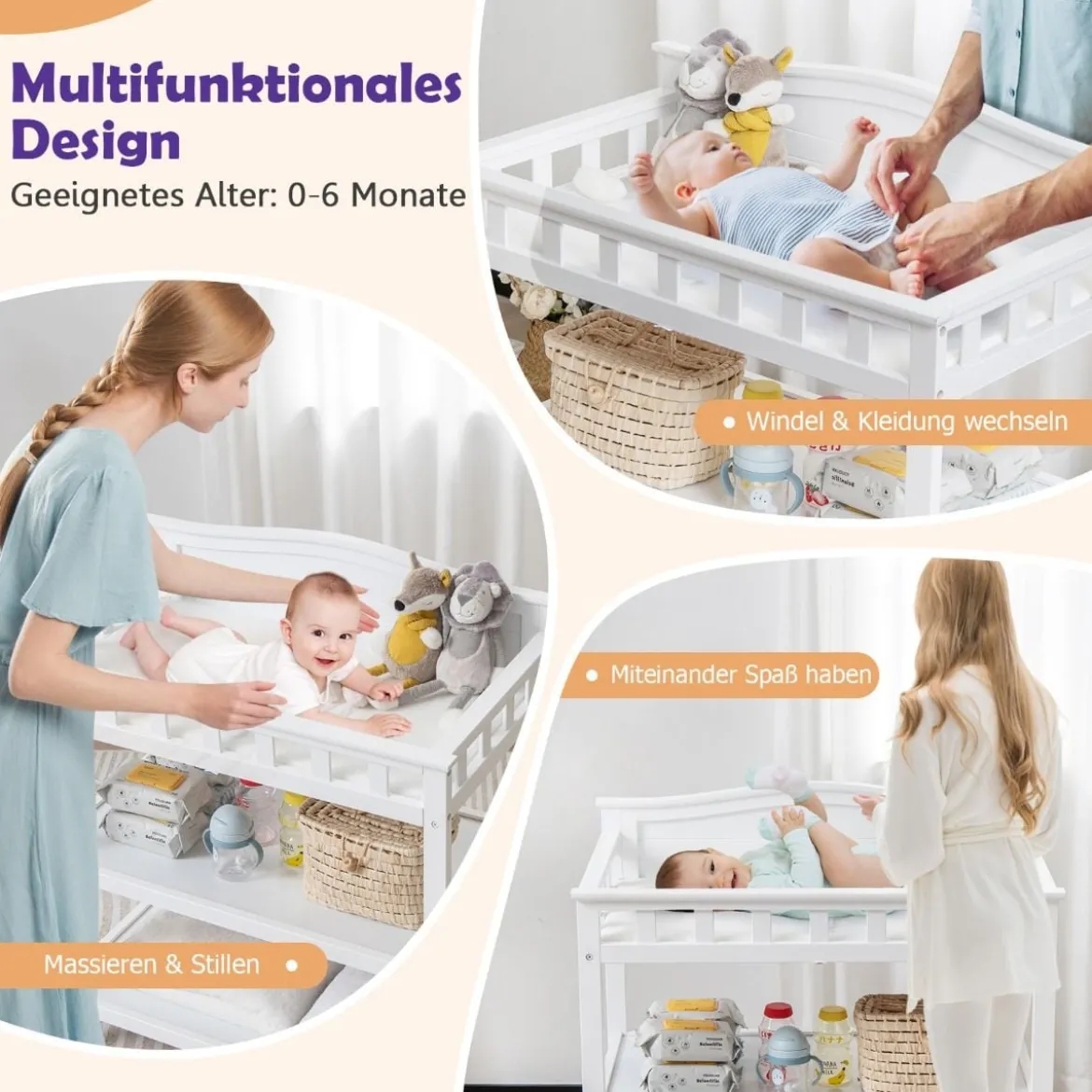 Mobiler Wickeltisch Wickelstation für Babys mit Unterlage und 2 offenen Regalen 87 x 50 x 99 cm