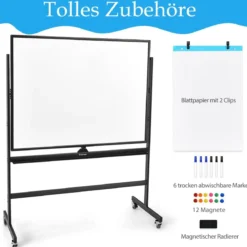 mobiles magnetisches großes reversibles Whiteboard um 360° drehbar 90 x 120 cm Schwarz + Weiß