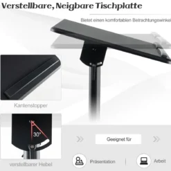 Mobiles Rednerpult Stehpult höhenverstellbarer Laptopwagen mit neigbarer Tischplatte Schwarz