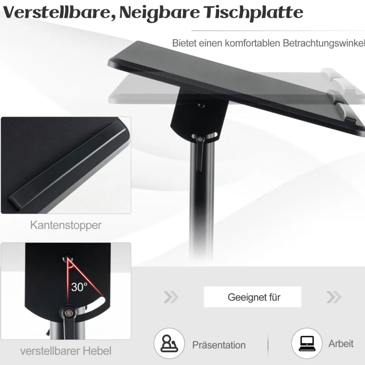 Mobiles Rednerpult Stehpult höhenverstellbarer Laptopwagen mit neigbarer Tischplatte Schwarz