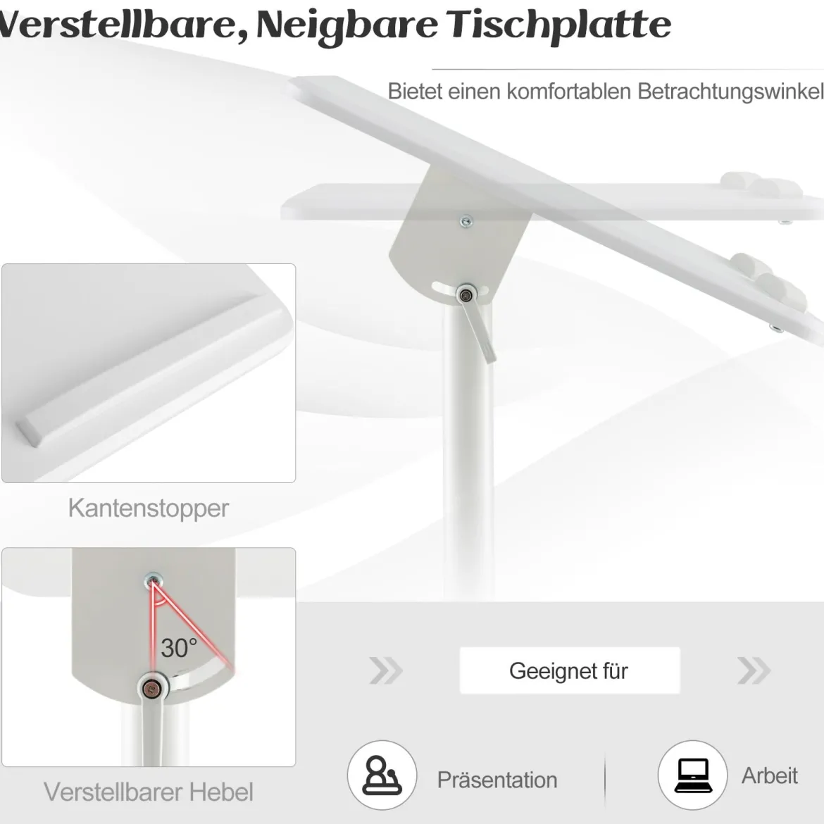 Mobiles Rednerpult Stehpult höhenverstellbarer Laptopwagen mit neigbarer Tischplatte Weiß